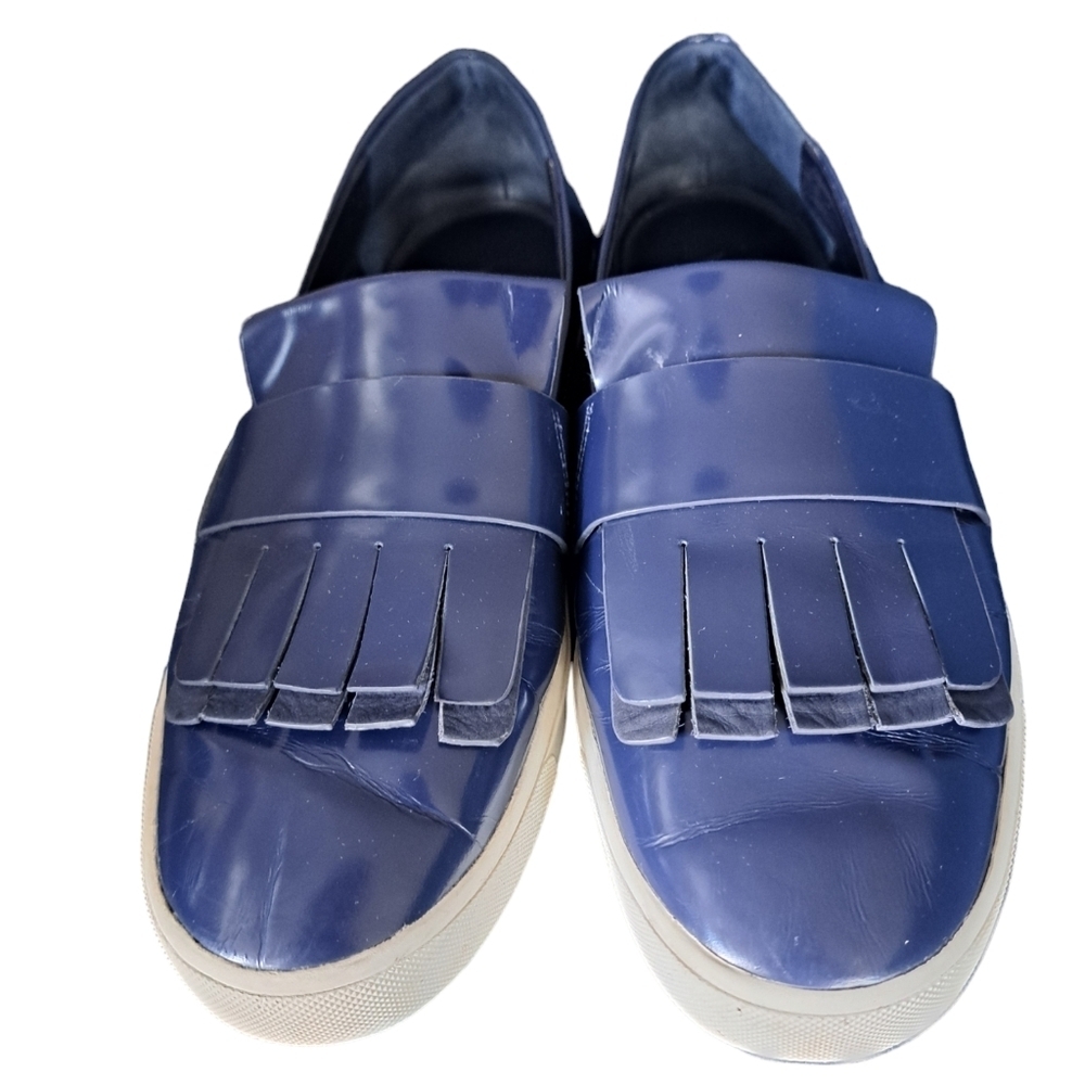 VINCE blue Patent Leather COVENTRY Slip On KILTIE Fringe Loafers Shoes ladies 8